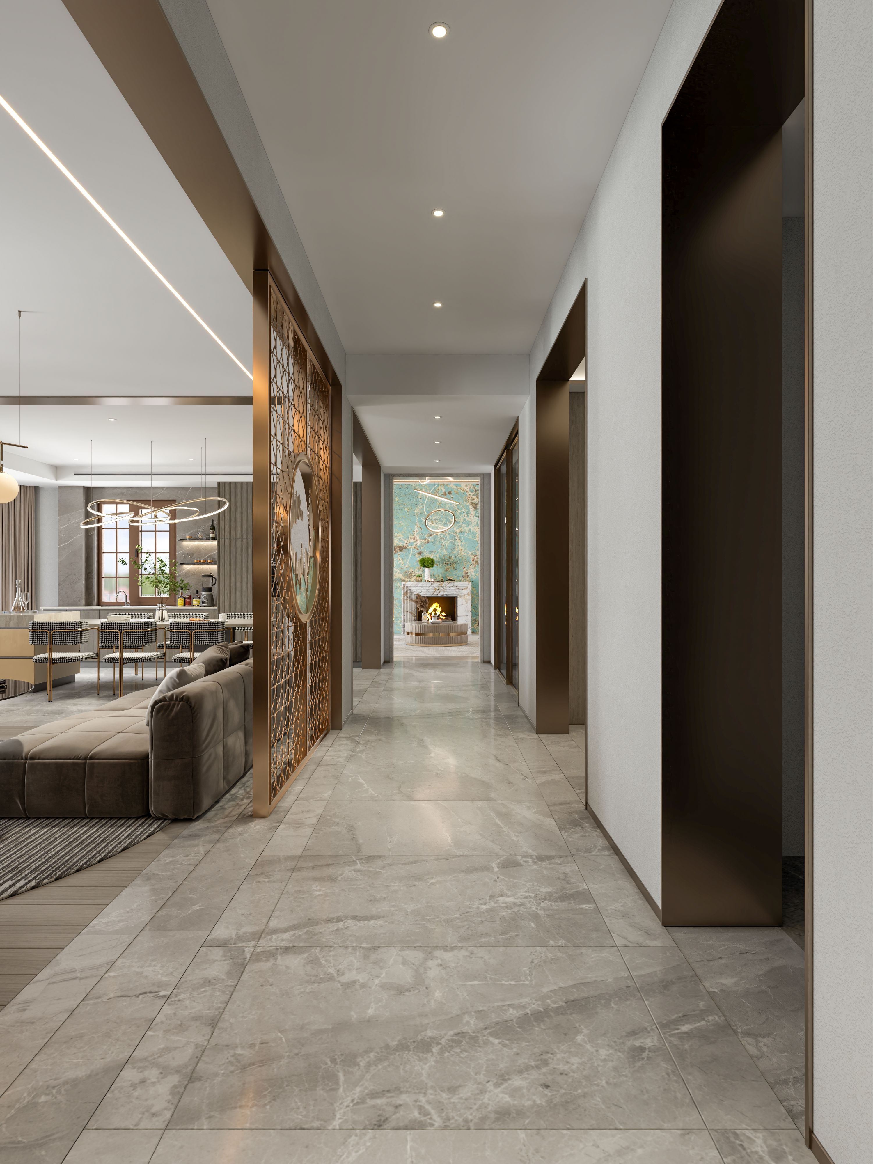 hallway with wall mural left side building